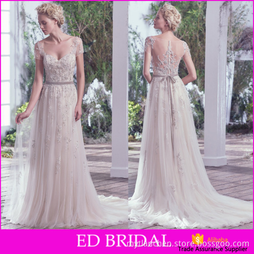 MA2408 Latest Design See Through Tulle Pearls Beading Beach Wedding Dress Display With Short Sleeve